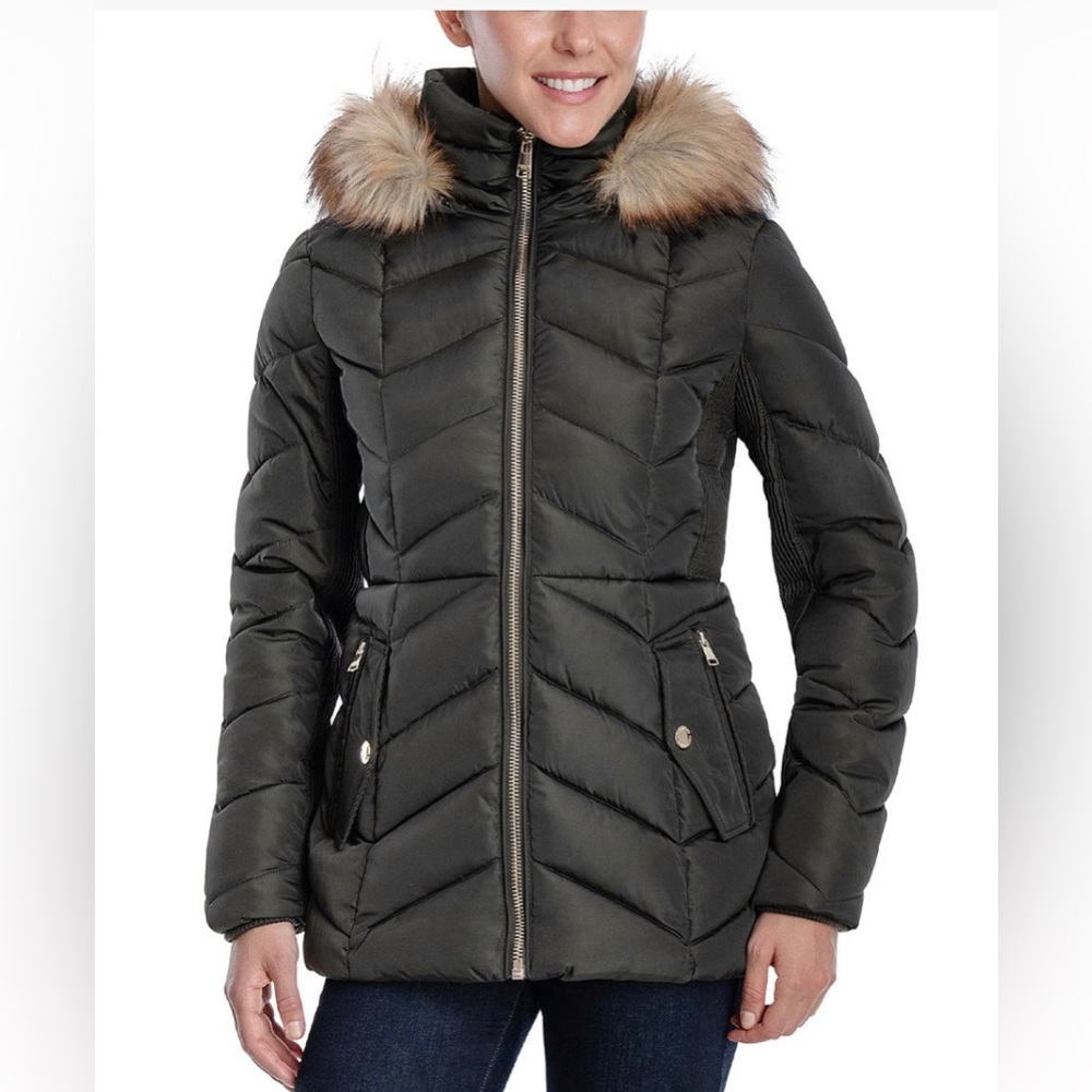 NWT London Fog Women's Short Puffer Coat w/ Detachable Faux Fur Hood, Dk Moss, L